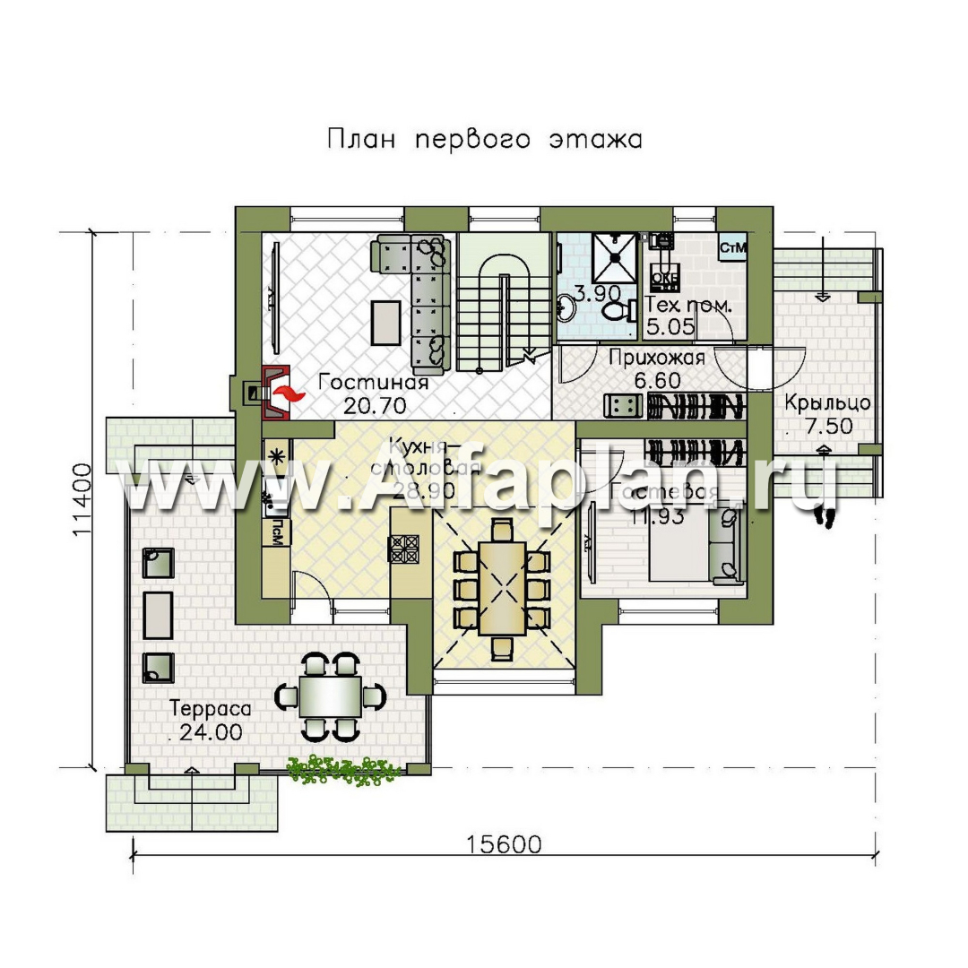 Проекты домов Альфаплан - "Компас" - проект двухэтажного коттеджа, план дома со вторым светом и террасой, в стиле Райта - план проекта №1