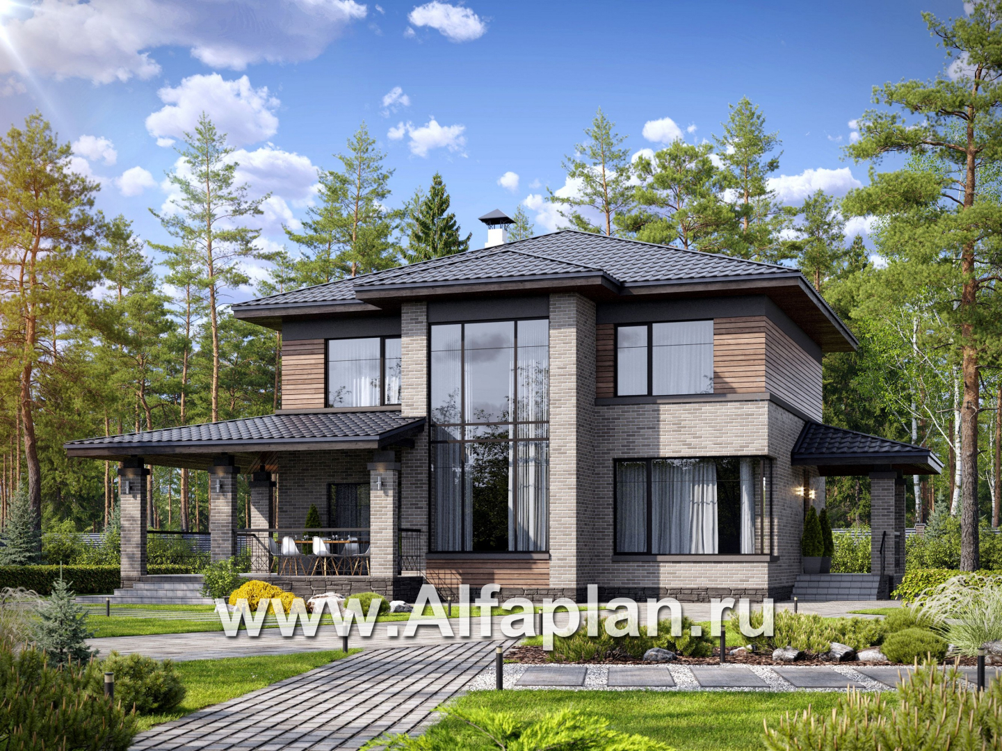 Проекты домов Альфаплан - "Компас" - проект двухэтажного коттеджа, план дома со вторым светом и террасой, в стиле Райта - основное изображение