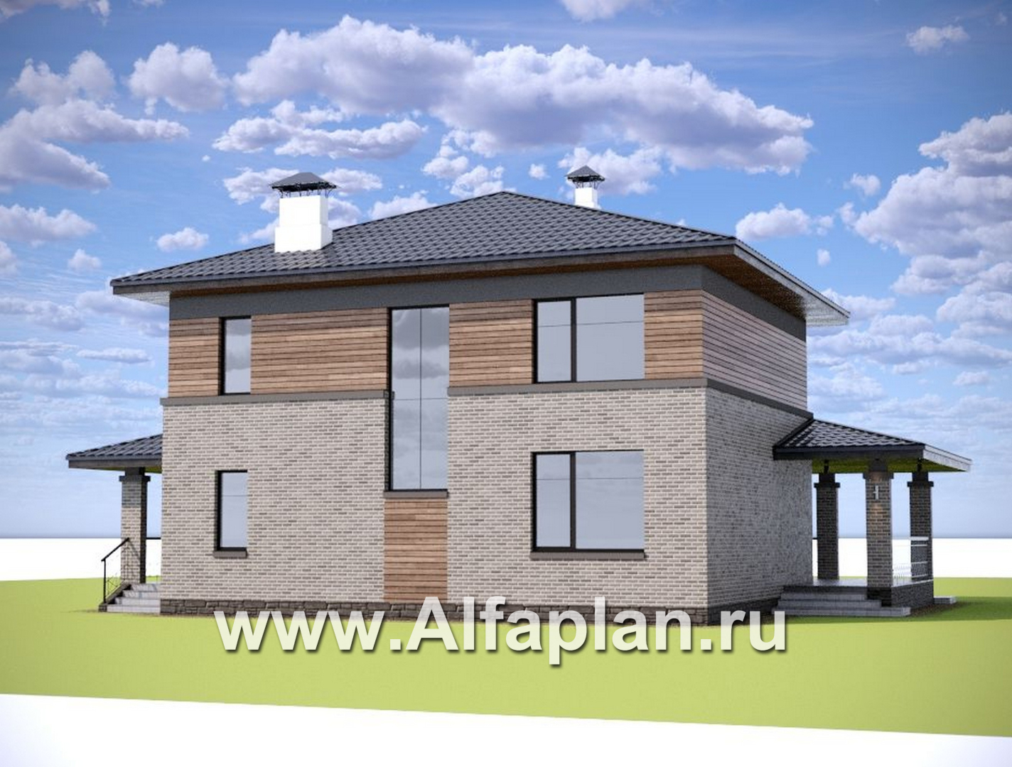 Проекты домов Альфаплан - "Компас" - проект двухэтажного коттеджа, план дома со вторым светом и террасой, в стиле Райта - дополнительное изображение №2