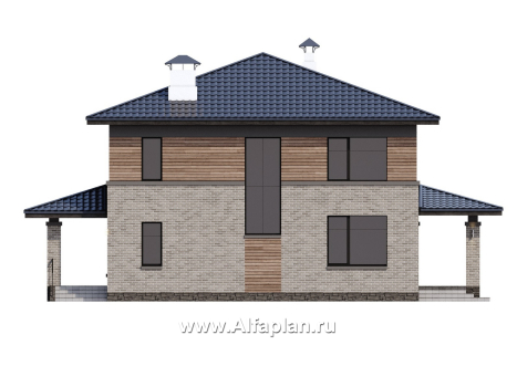 Проекты домов Альфаплан - "Компас" - проект двухэтажного коттеджа, план дома со вторым светом и террасой, в стиле Райта - превью фасада №4