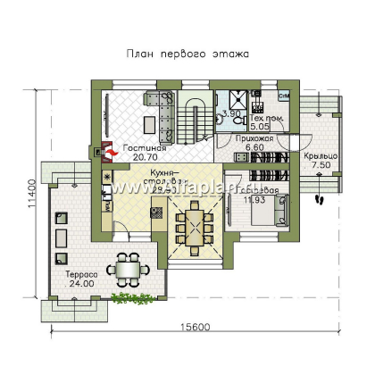 Проекты домов Альфаплан - "Компас" - проект двухэтажного коттеджа, план дома со вторым светом и террасой, в стиле Райта - превью плана проекта №1