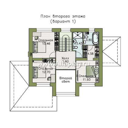 «Компас» - проект двухэтажного коттеджа, план дома со вторым светом и террасой, в стиле Райта - превью план дома