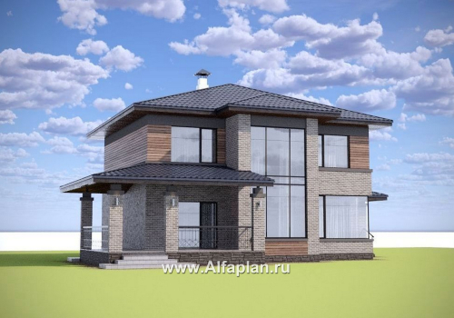 Проекты домов Альфаплан - "Компас" - проект двухэтажного коттеджа, план дома со вторым светом и террасой, в стиле Райта - превью дополнительного изображения №1
