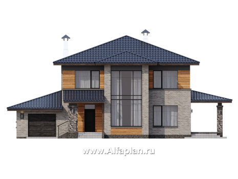 «Компас» - проект двухэтажного дома из газобетона, стеррасой и гаражом, в стиле Райта - превью фасада дома