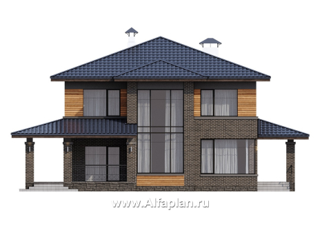 «Компас» - проект двухэтажного дома, планировка со вторым светом и террасой, в стиле Райта - превью фасада дома