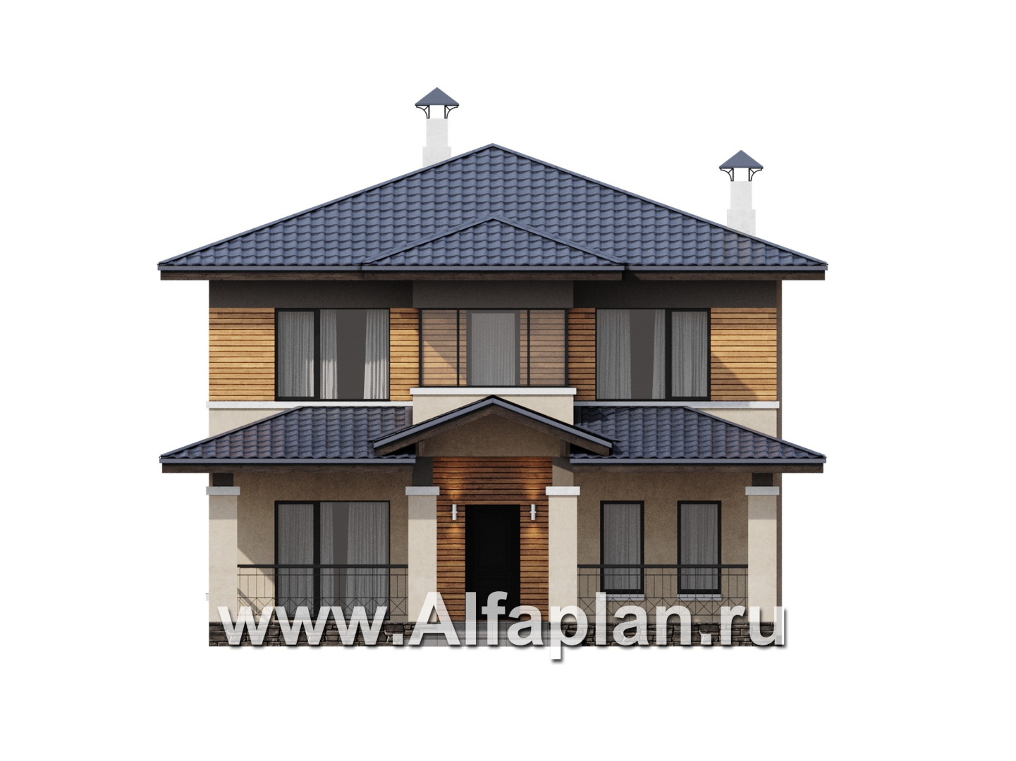 Проекты домов Альфаплан - "Невада" - проект двухэтажного дома из газобетона, с террасой со стороны входа, в стиле Райта - изображение фасада №1