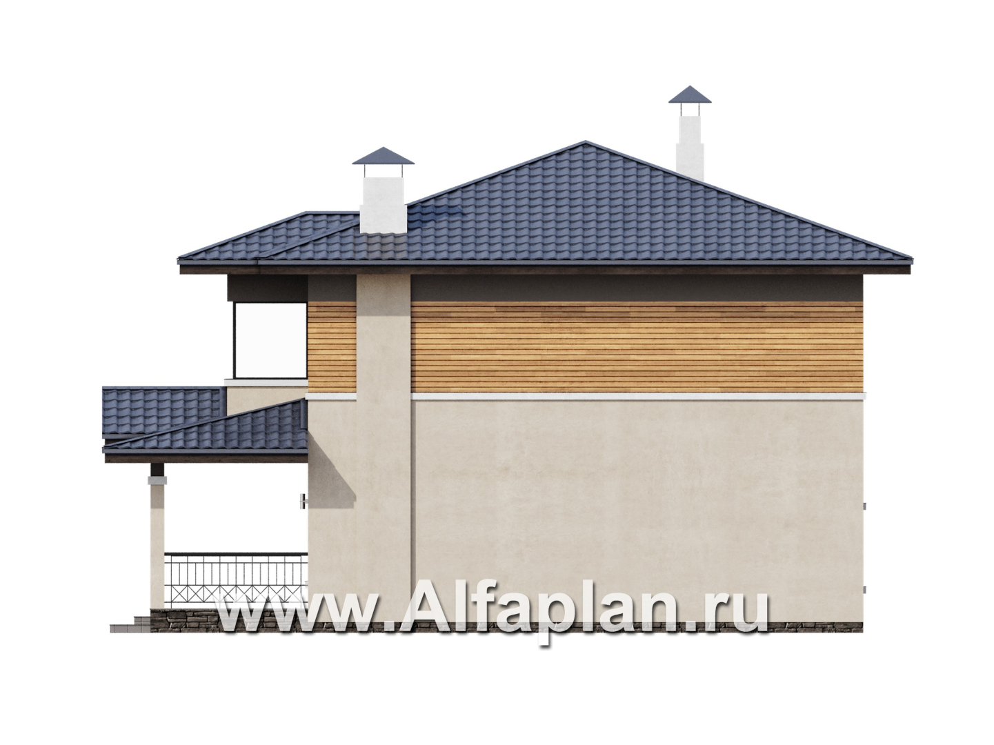 Проекты домов Альфаплан - "Невада" - проект двухэтажного дома из газобетона, с террасой со стороны входа, в стиле Райта - изображение фасада №2