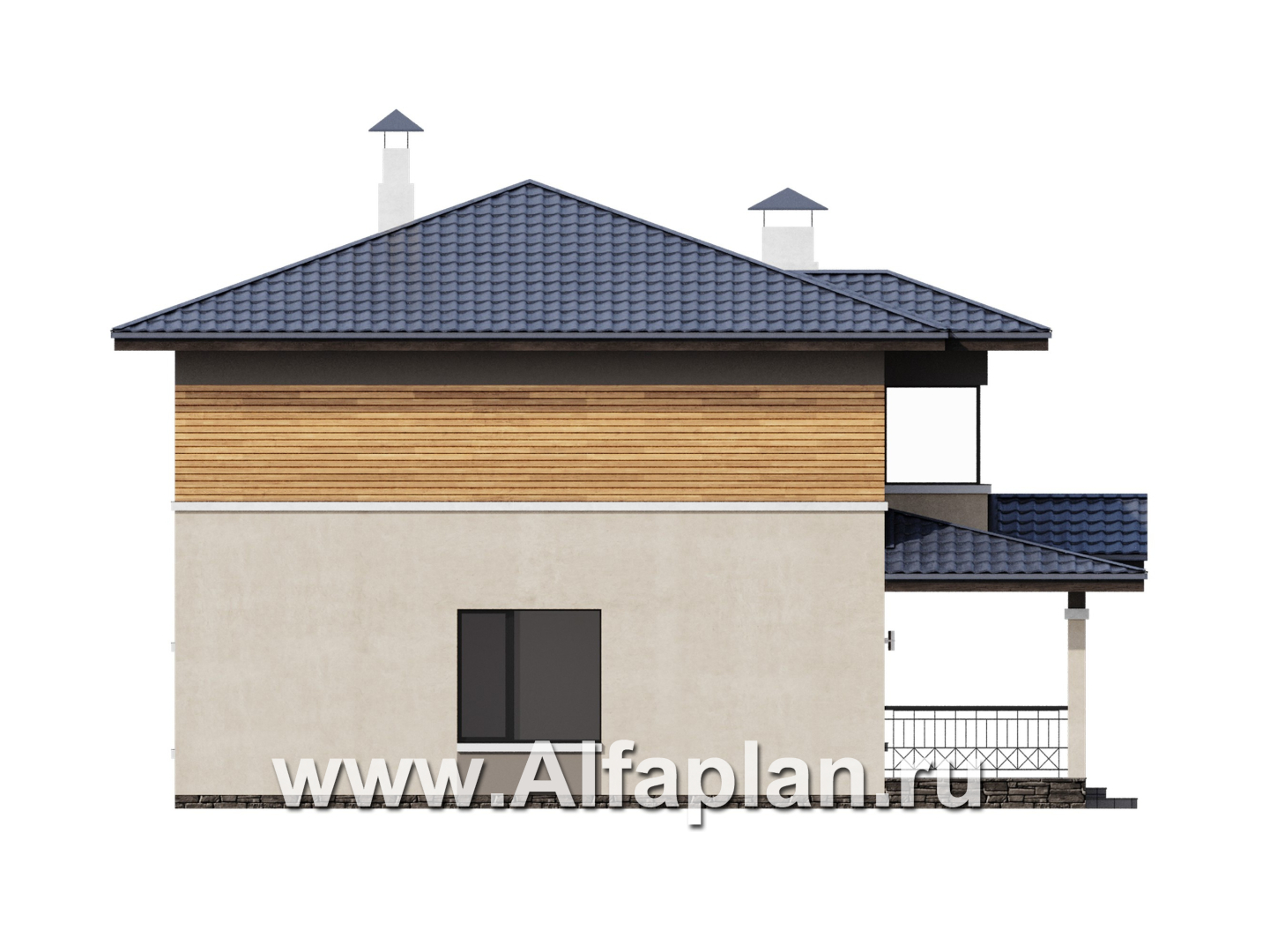 Проекты домов Альфаплан - "Невада" - проект двухэтажного дома из газобетона, с террасой со стороны входа, в стиле Райта - изображение фасада №3