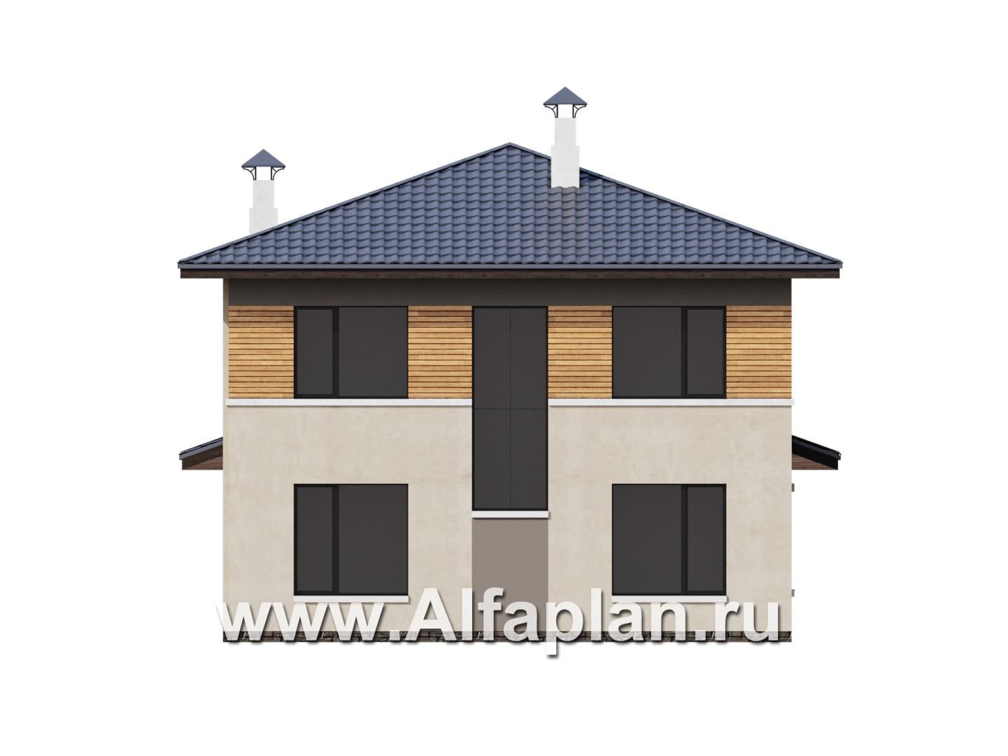 Проекты домов Альфаплан - "Невада" - проект двухэтажного дома из газобетона, с террасой со стороны входа, в стиле Райта - изображение фасада №4