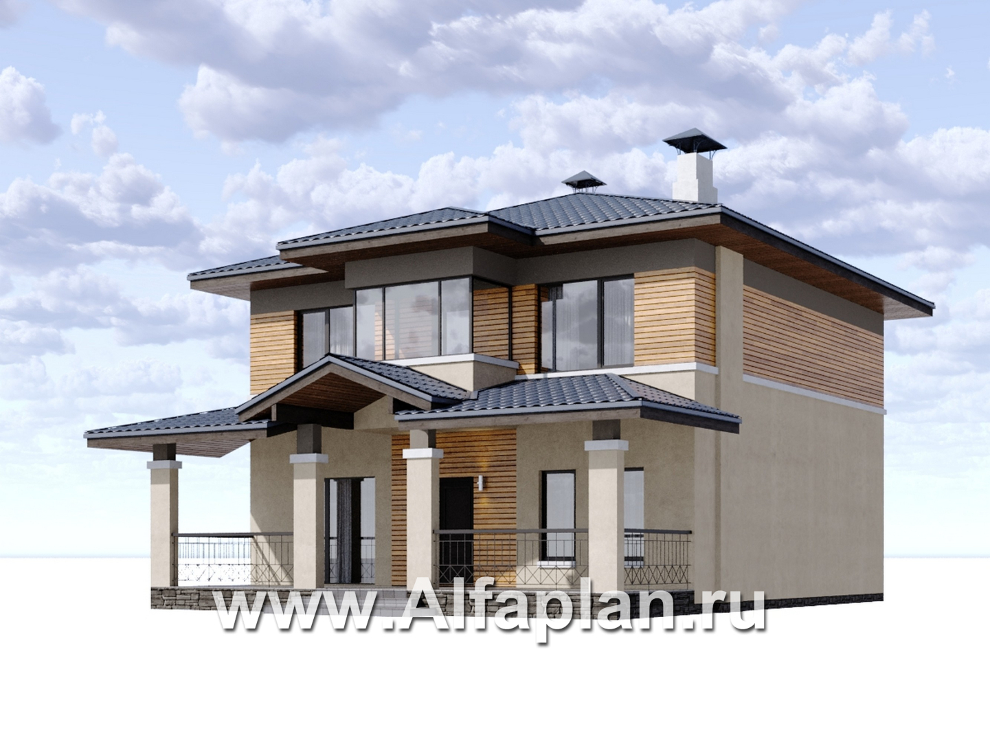 Проекты домов Альфаплан - "Невада" - проект двухэтажного дома из газобетона, с террасой со стороны входа, в стиле Райта - дополнительное изображение №1