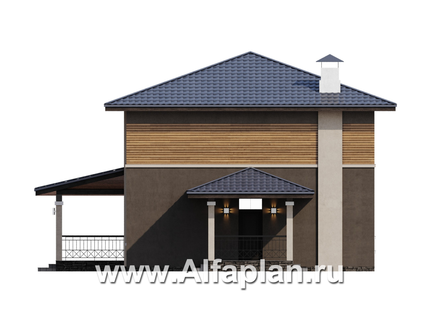 Проекты домов Альфаплан - "Юта" - двухэтажный коттедж в стиле прерий (Райта) - изображение фасада №2