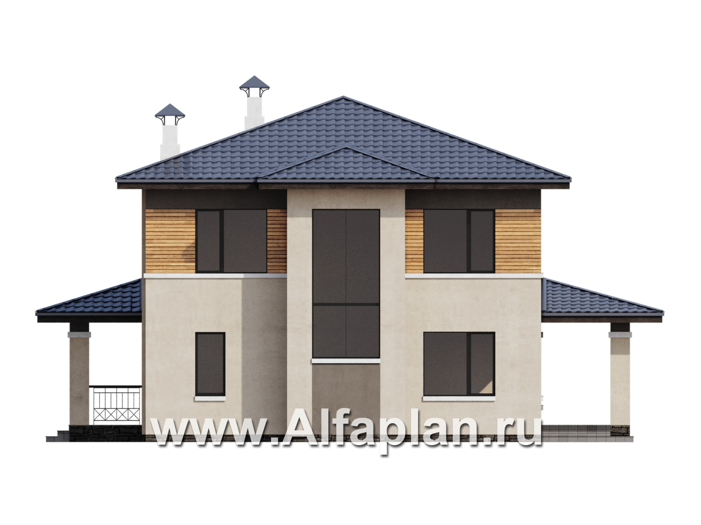 «Монтана» - проект двухэтажного дома из кирпича, с террасой, в стиле Райта - фасад дома