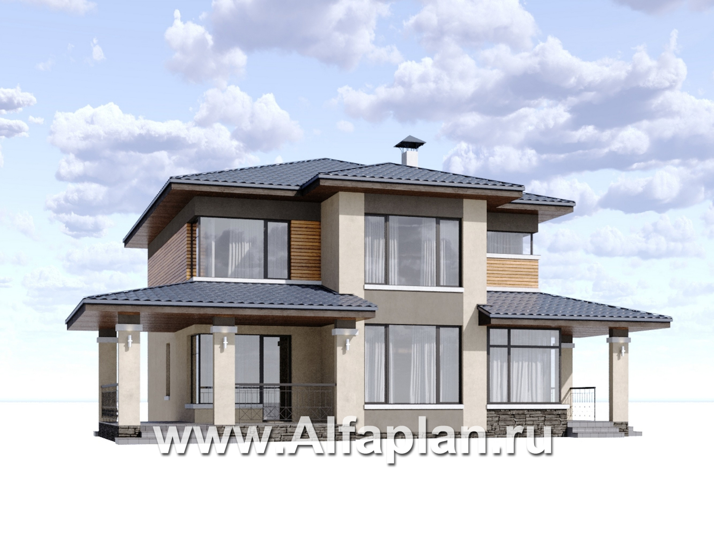 «Монтана» - проект двухэтажного дома из кирпича, с террасой, в стиле Райта - дизайн дома №1