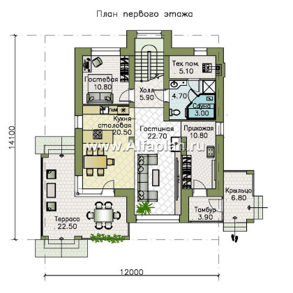 «Монтана» - проект двухэтажного дома из кирпича, с террасой, в стиле Райта - превью план дома