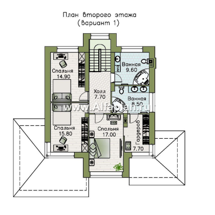 «Монтана» - проект двухэтажного дома из кирпича, с террасой, в стиле Райта - превью план дома