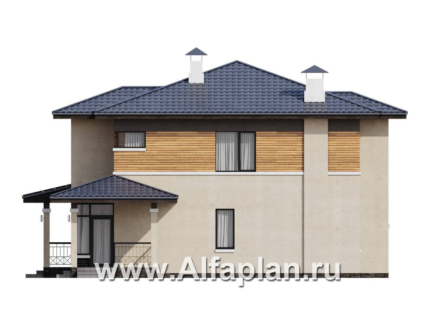 Проекты домов Альфаплан - "Монтана" - проект двухэтажного дома из кирпича, со вторым светом и с террасой, в стиле Райта - изображение фасада №2