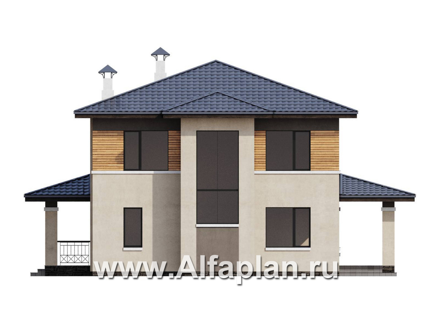 Проекты домов Альфаплан - "Монтана" - проект двухэтажного дома из кирпича, со вторым светом и с террасой, в стиле Райта - изображение фасада №4