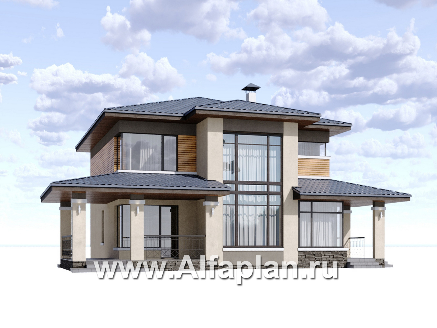 Проекты домов Альфаплан - "Монтана" - проект двухэтажного дома из кирпича, со вторым светом и с террасой, в стиле Райта - дополнительное изображение №1