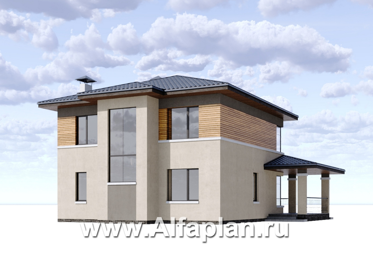 Проекты домов Альфаплан - "Монтана" - проект двухэтажного дома из кирпича, со вторым светом и с террасой, в стиле Райта - дополнительное изображение №2
