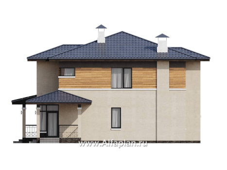 Проекты домов Альфаплан - "Монтана" - проект двухэтажного дома из кирпича, со вторым светом и с террасой, в стиле Райта - превью фасада №2