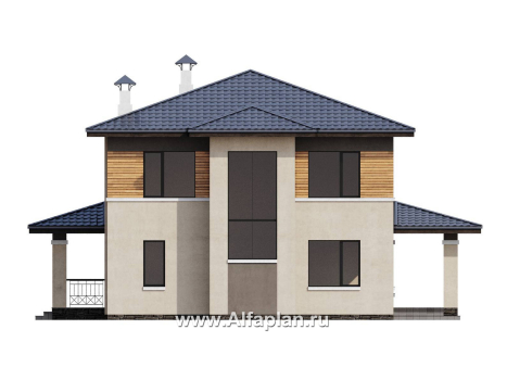 Проекты домов Альфаплан - "Монтана" - проект двухэтажного дома из кирпича, со вторым светом и с террасой, в стиле Райта - превью фасада №4