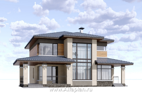 Проекты домов Альфаплан - "Монтана" - проект двухэтажного дома из кирпича, со вторым светом и с террасой, в стиле Райта - превью дополнительного изображения №1