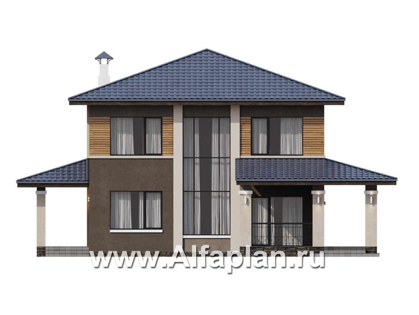 Проекты домов Альфаплан - "Юта" - двухэтажный коттедж в стиле прерий (Райта) - изображение фасада №1