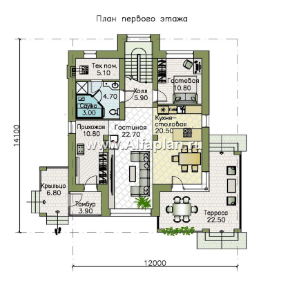 Проекты домов Альфаплан - "Монтана" - проект двухэтажного дома из кирпичей в стиле Райта - превью плана проекта №1