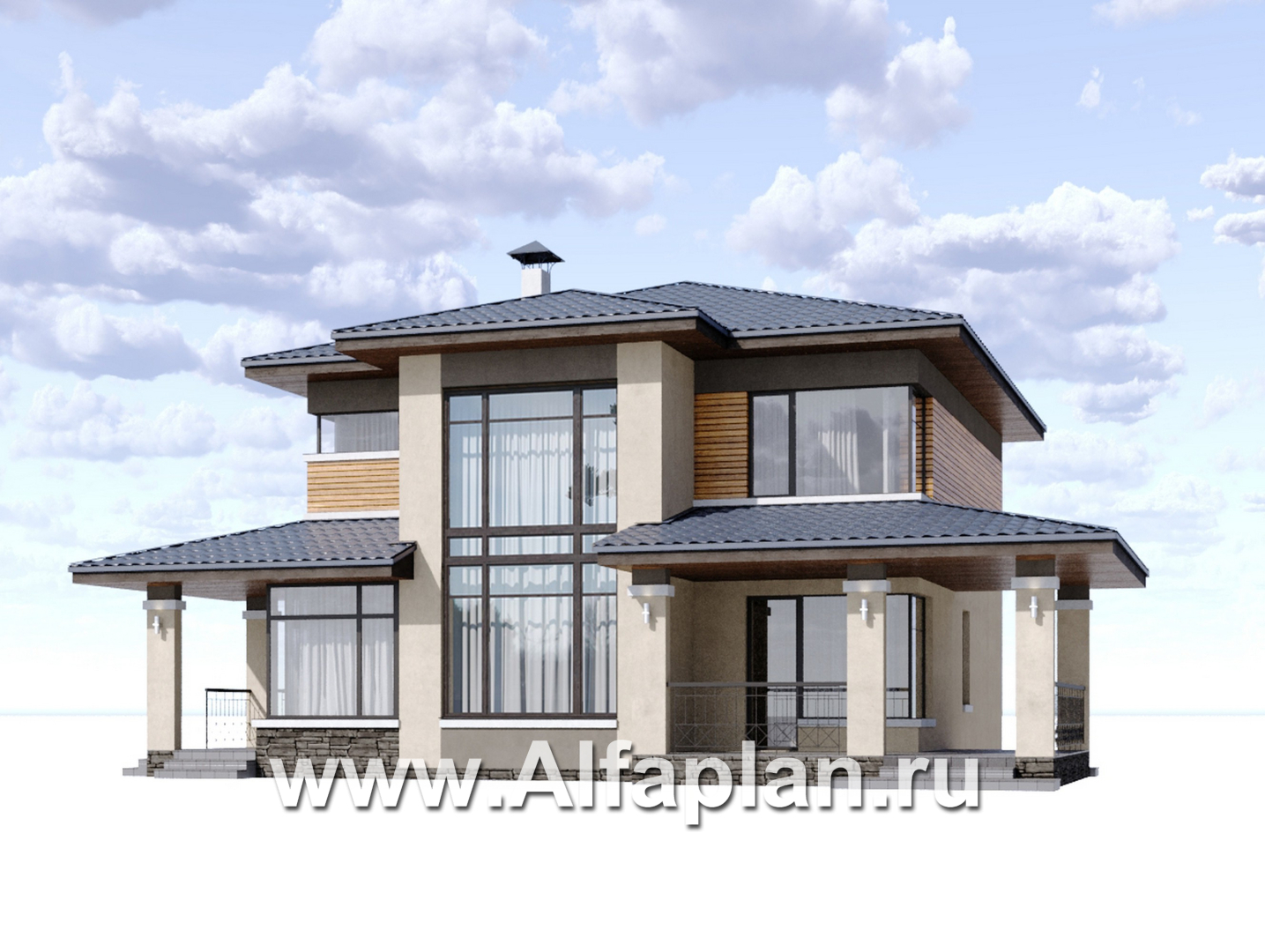 Проекты домов Альфаплан - "Монтана" - проект двухэтажного дома из кирпичей в стиле прерий (Райта) - дополнительное изображение №1