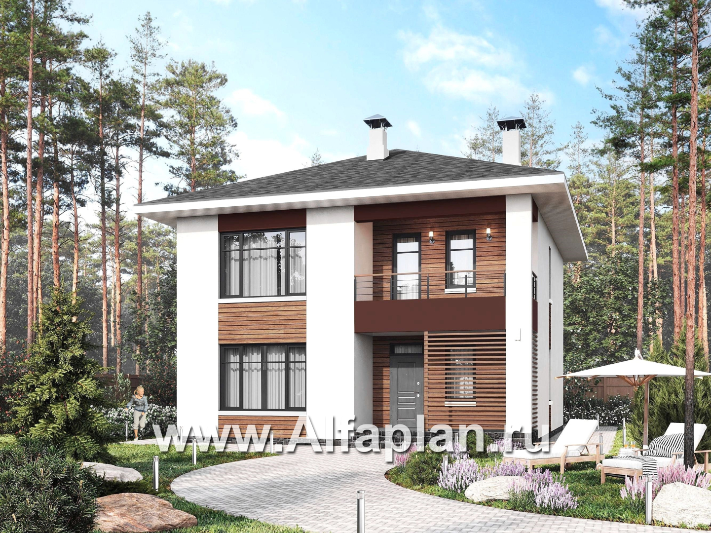 Проекты домов Альфаплан - "Селигер" - проект двухэтажного дома из газобетона, с террасой, отличная планировка - основное изображение