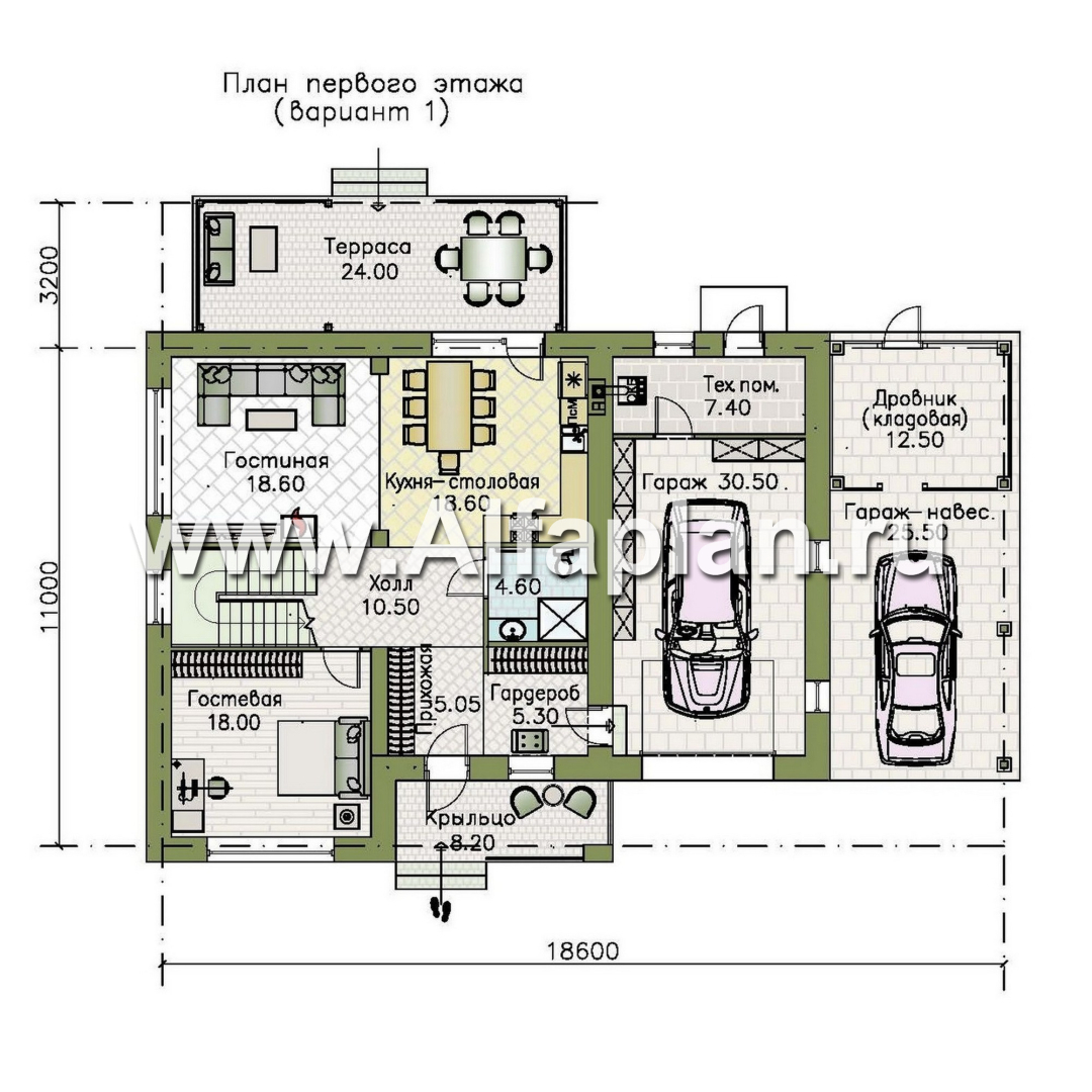 Проекты домов Альфаплан - "Селигер" - проект двухэтажного дома из газобетона, с гаражом на 2 авто - план проекта №1