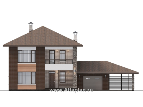 Проекты домов Альфаплан - "Селигер" - проект двухэтажного дома из газобетона, с гаражом на 2 авто - превью фасада №1