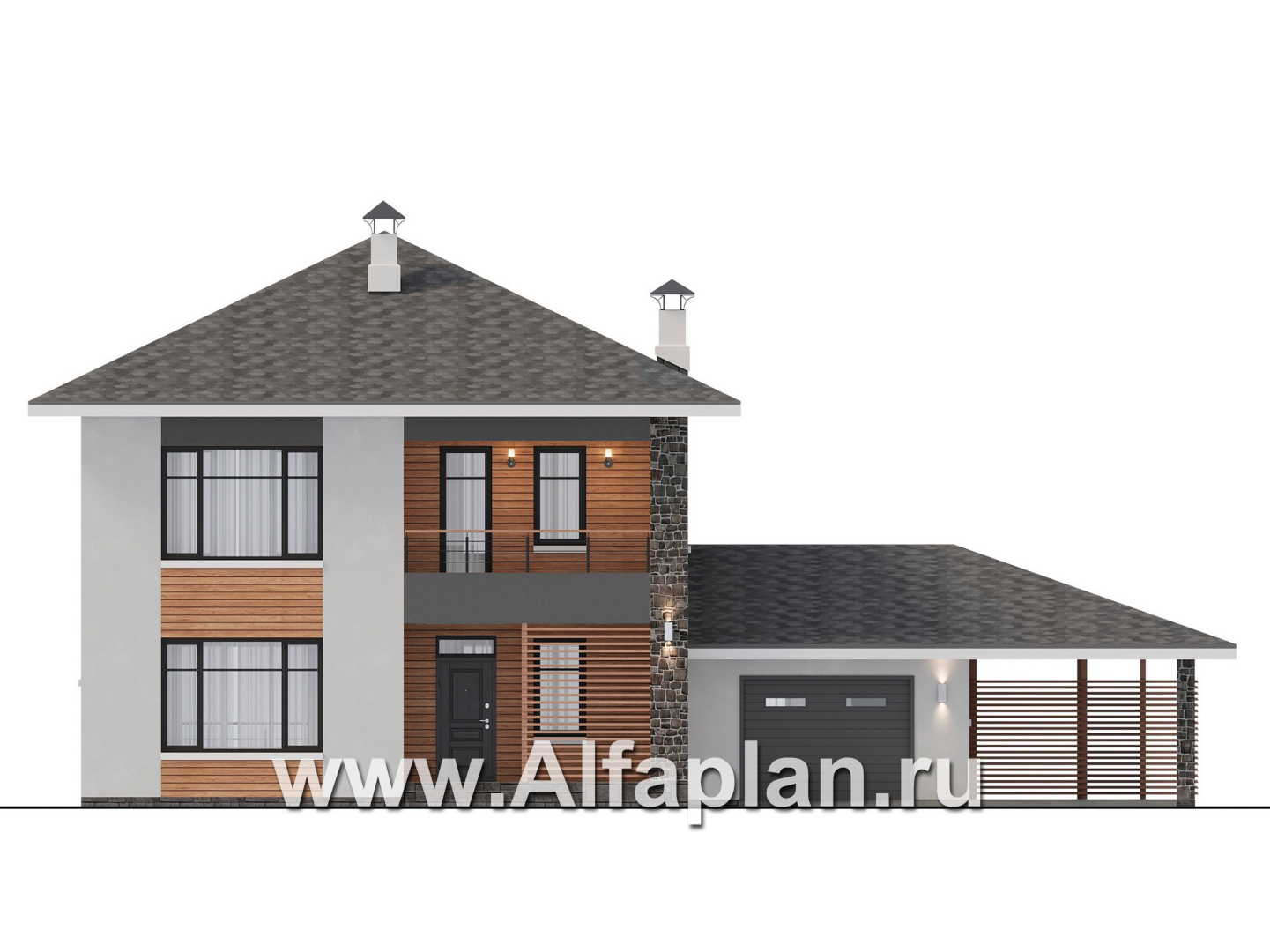 Проекты домов Альфаплан - "Селигер" - друхэтажный дом из газобетона, с гаражом, фасады из штукатурной системы - изображение фасада №1
