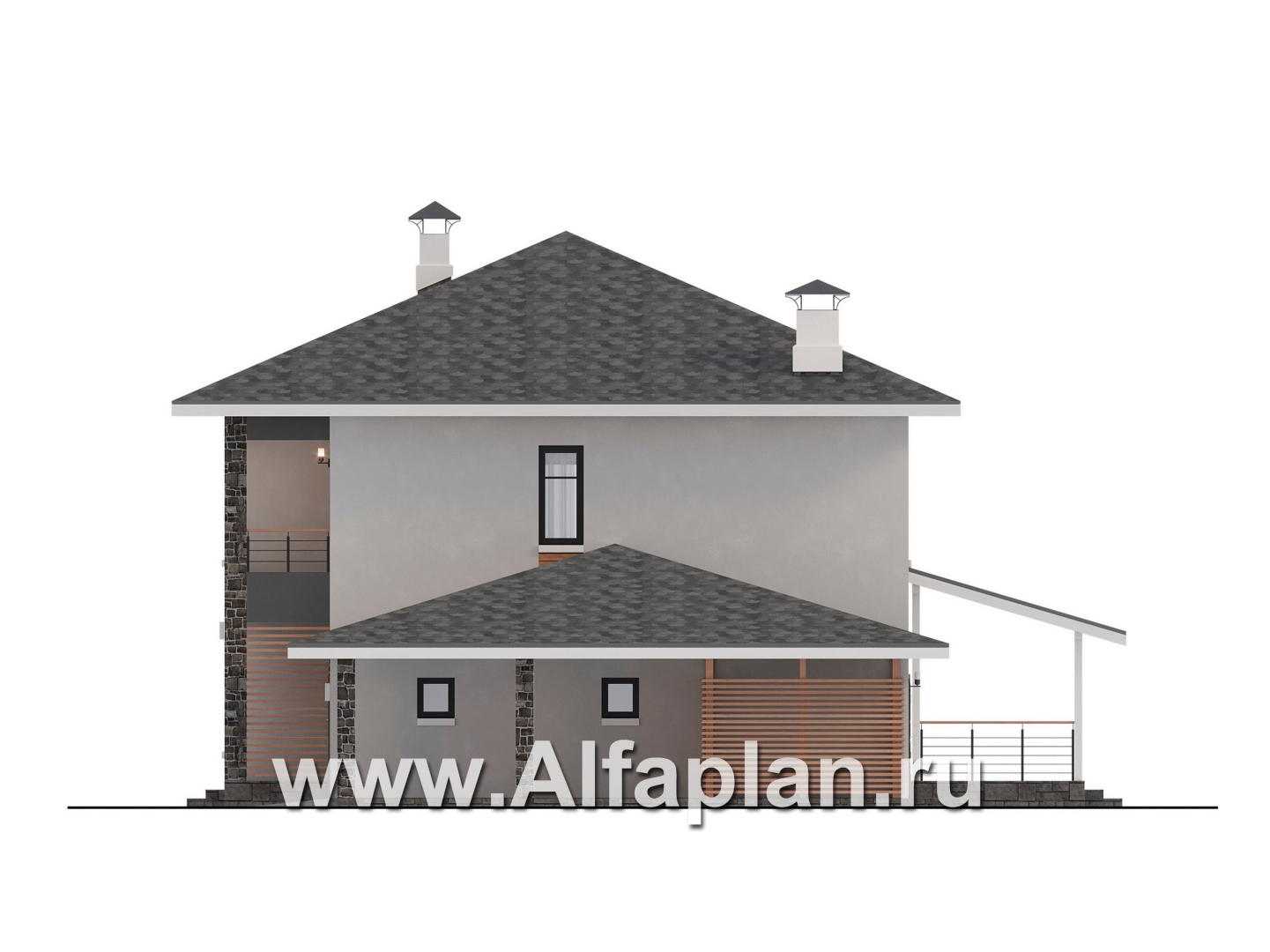 Проекты домов Альфаплан - "Селигер" - друхэтажный дом из газобетона, с гаражом, фасады из штукатурной системы - изображение фасада №2