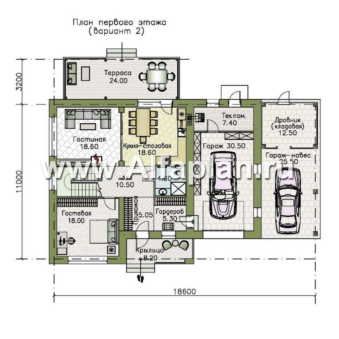 Проекты домов Альфаплан - "Селигер" - друхэтажный дом из газобетона, с гаражом, фасады из штукатурной системы - план проекта №2