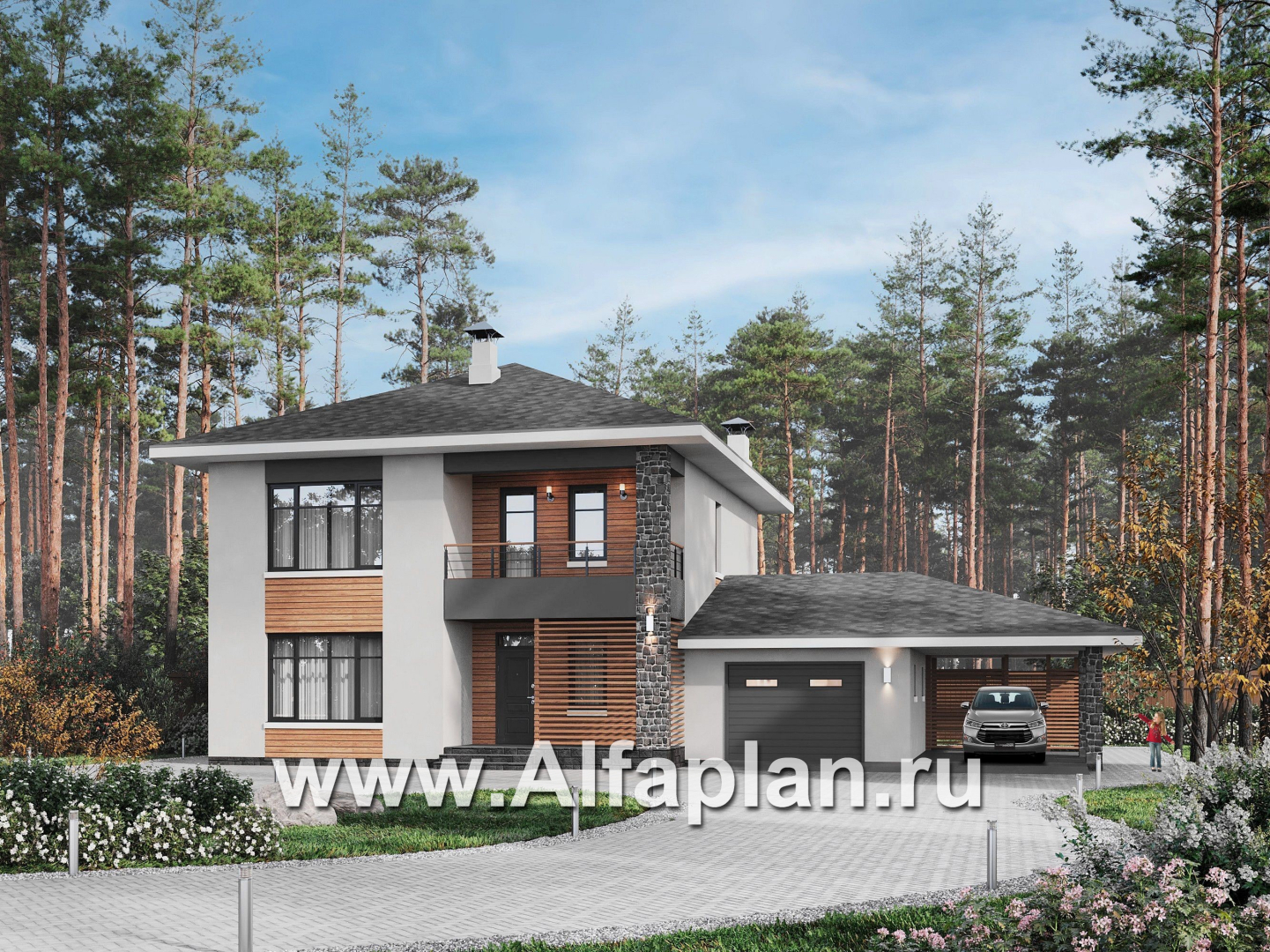 Проекты домов Альфаплан - "Селигер" - друхэтажный дом из газобетона, с гаражом, фасады из штукатурной системы - основное изображение