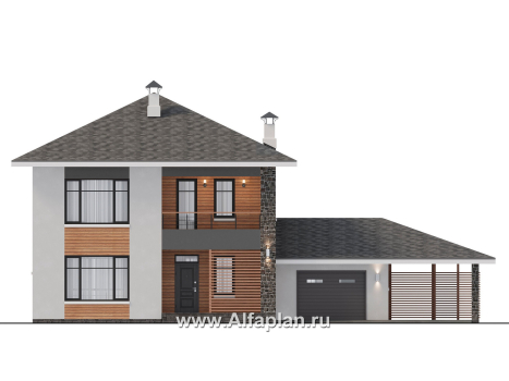 Проекты домов Альфаплан - "Селигер" - друхэтажный дом из газобетона, с гаражом, фасады из штукатурной системы - превью фасада №1