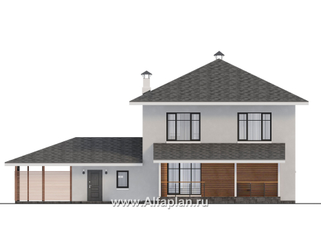 Проекты домов Альфаплан - "Селигер" - друхэтажный дом из газобетона, с гаражом, фасады из штукатурной системы - превью фасада №4