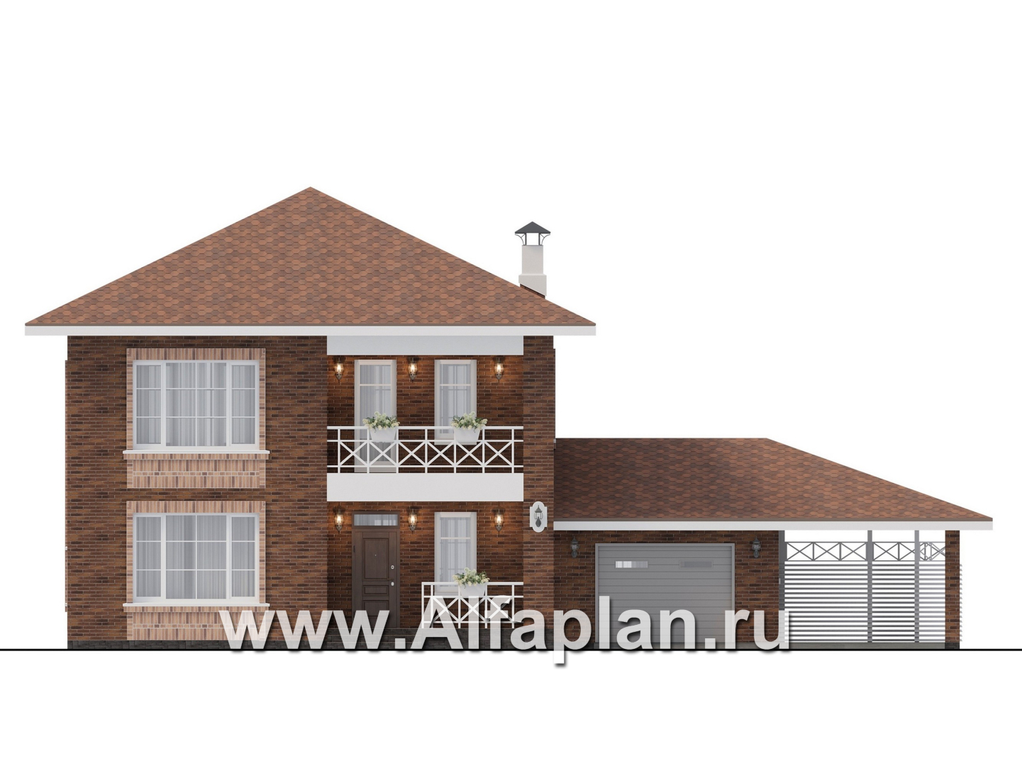 Проекты домов Альфаплан - "Сайма" - проект двухэтажного дома из кирпичей, с террасой, в баварском стиле, с гаражом - изображение фасада №1