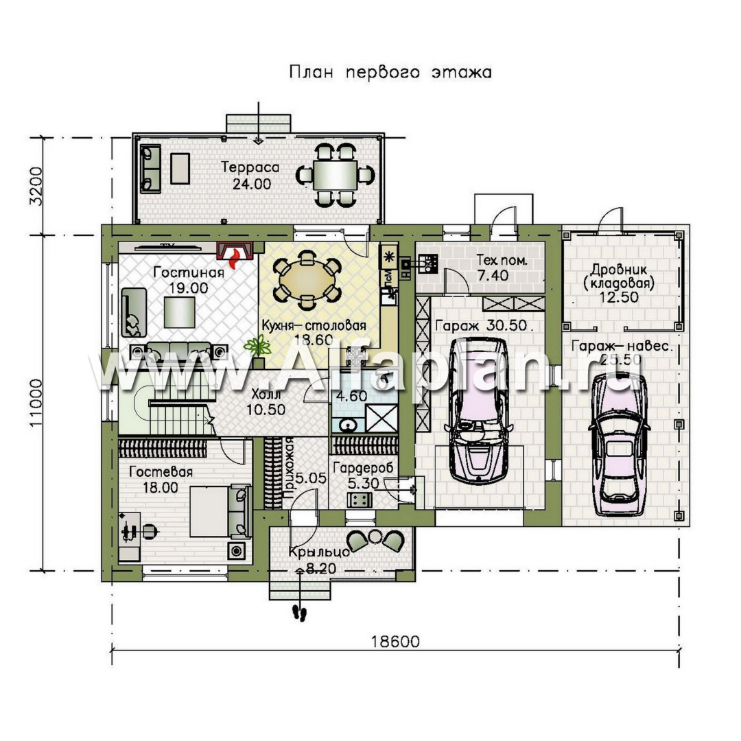 Проекты домов Альфаплан - "Сайма" - проект двухэтажного дома из кирпичей, с террасой, в баварском стиле, с гаражом - изображение плана проекта №1