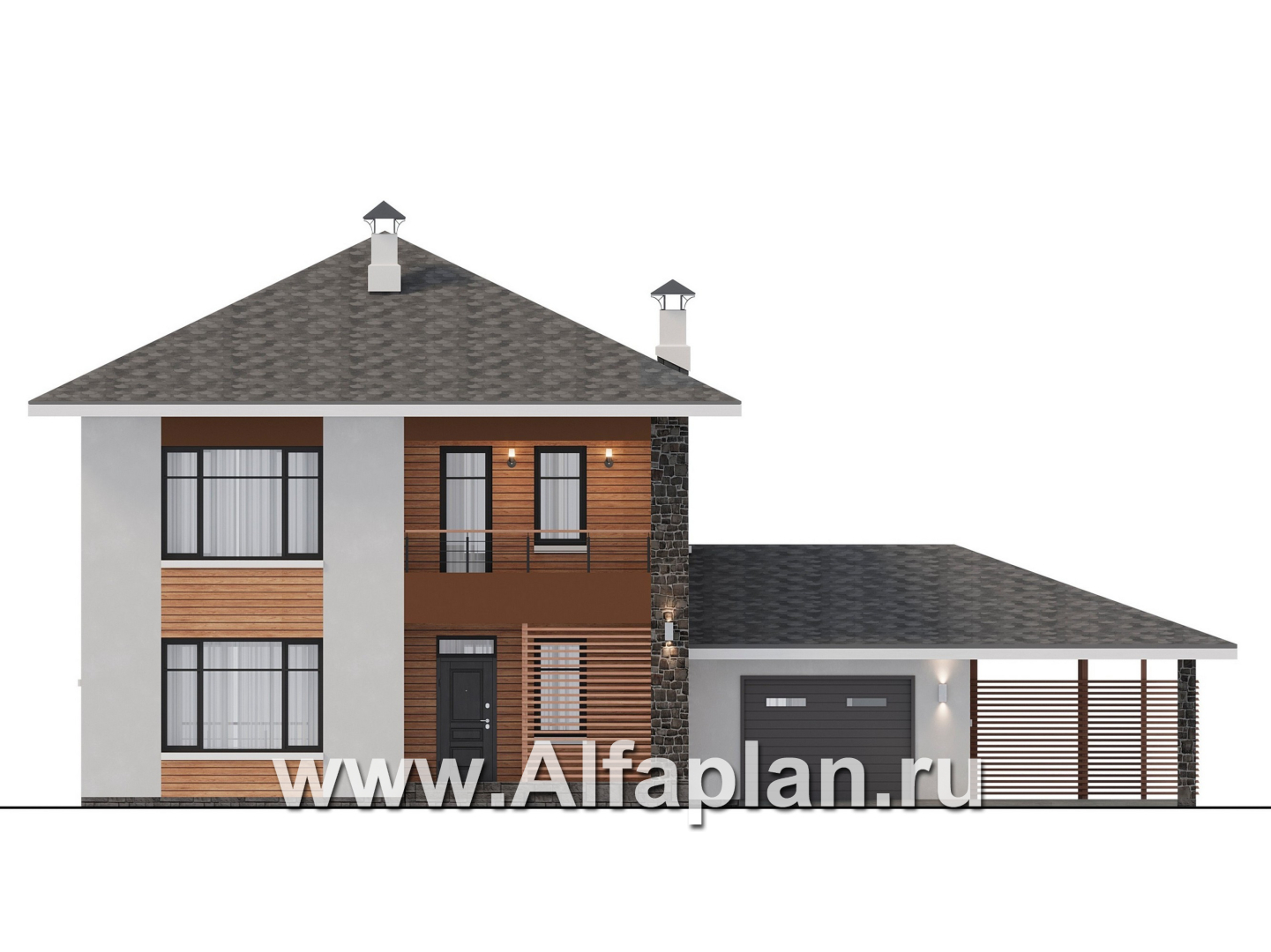 Проекты домов Альфаплан - "Ладога" - современный двухэтажный коттедж, штукатурные фасады, с гаражом - изображение фасада №1