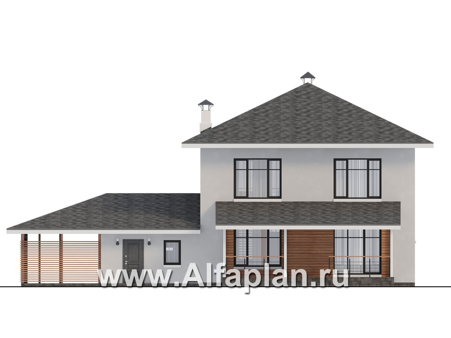 Проекты домов Альфаплан - "Ладога" - современный двухэтажный коттедж, штукатурные фасады, с гаражом - изображение фасада №4