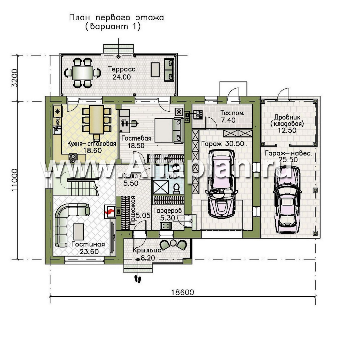 Проекты домов Альфаплан - "Ладога" - современный двухэтажный коттедж, штукатурные фасады, с гаражом - изображение плана проекта №1