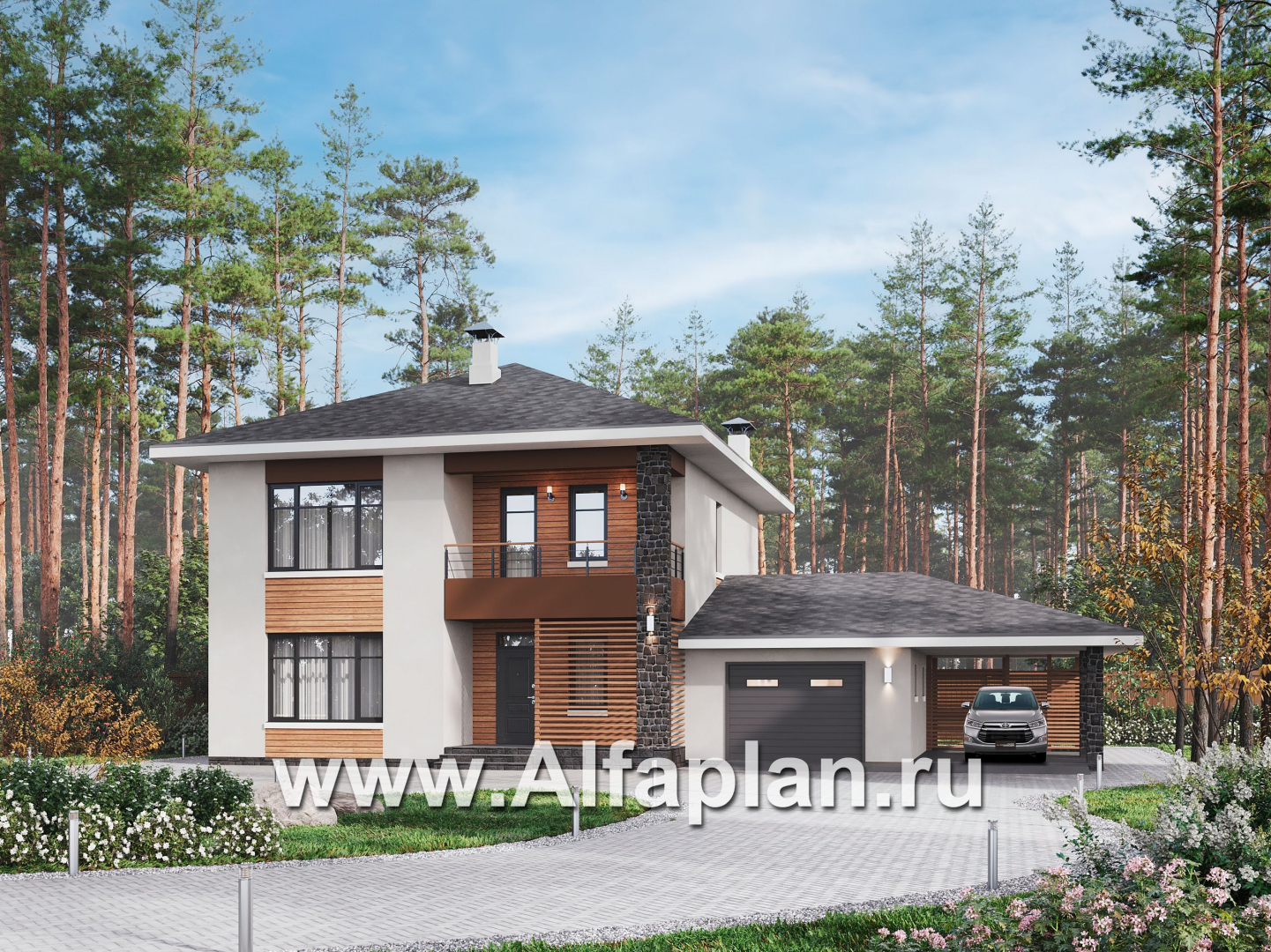 Проекты домов Альфаплан - "Ладога" - современный двухэтажный коттедж, штукатурные фасады, с гаражом - основное изображение