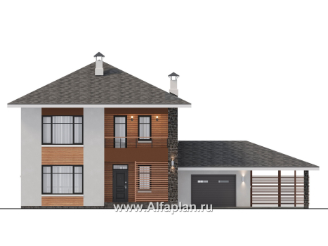 Проекты домов Альфаплан - "Ладога" - современный двухэтажный коттедж, штукатурные фасады, с гаражом - превью фасада №1
