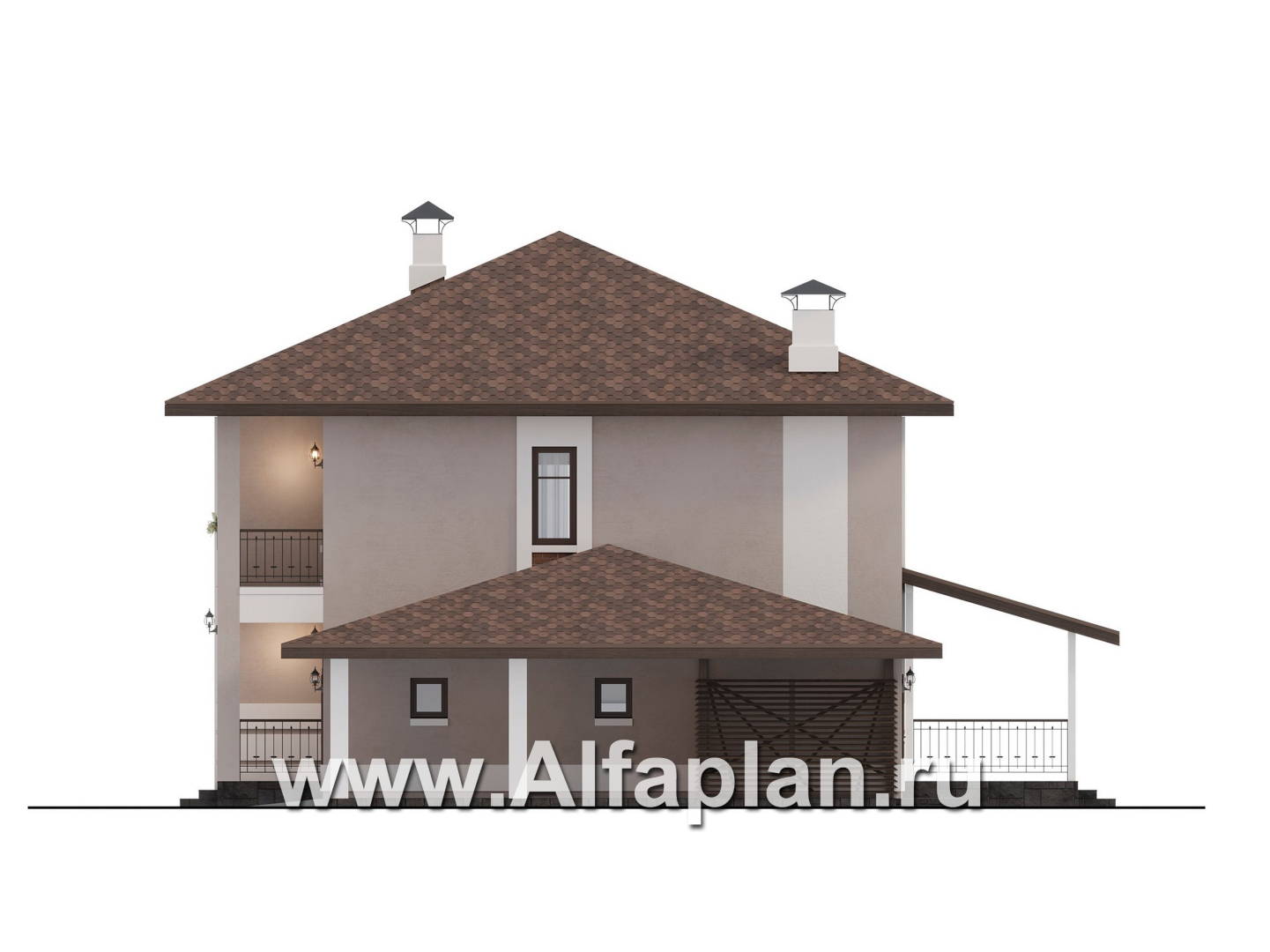 Проекты домов Альфаплан - "Ладога" - проект двухэтажного дома из газобетона, с террасой, планировка с гаражом - изображение фасада №2
