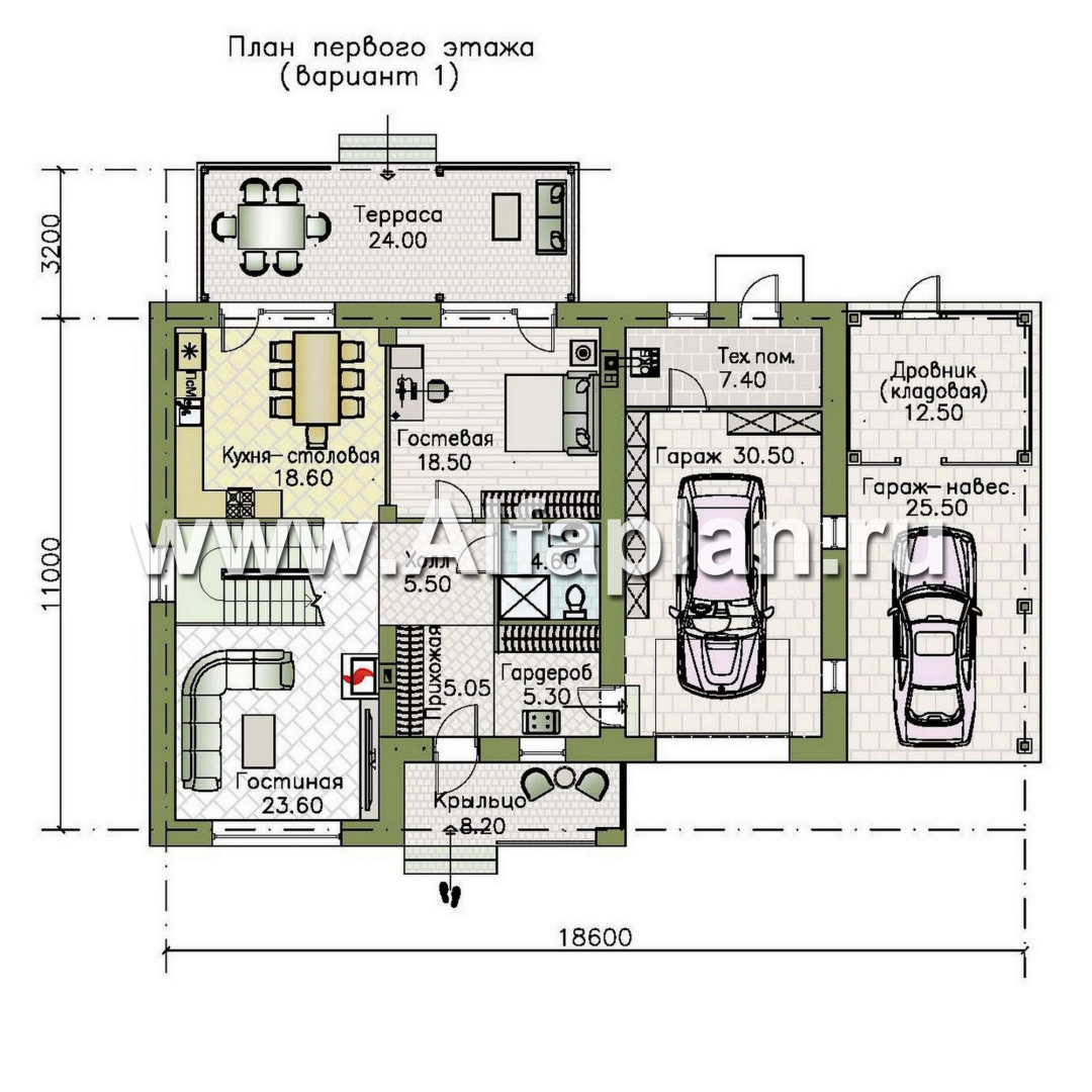 Проекты домов Альфаплан - "Ладога" - проект двухэтажного дома из газобетона, с террасой, планировка с гаражом - план проекта №1