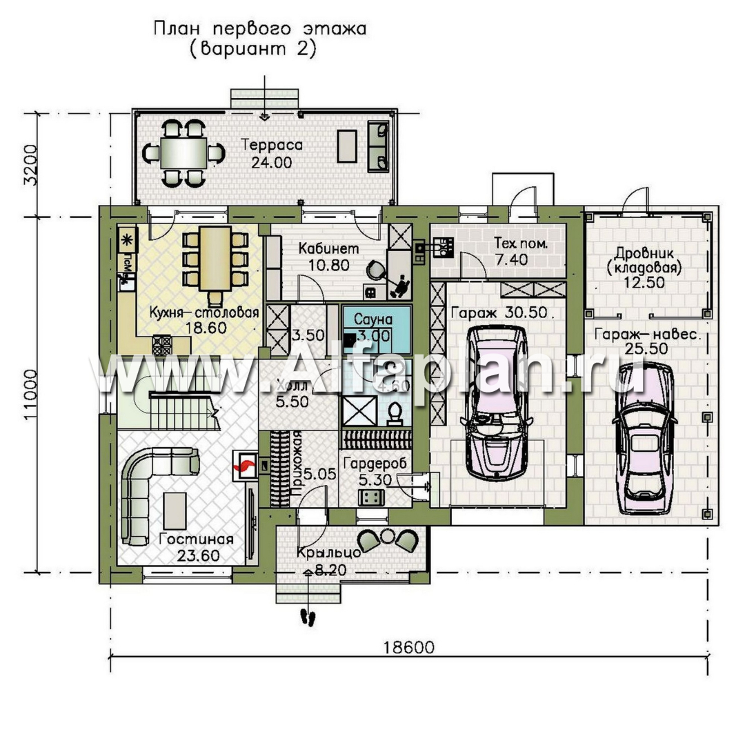 Проекты домов Альфаплан - "Ладога" - проект двухэтажного дома из газобетона, с террасой, планировка с гаражом - план проекта №2