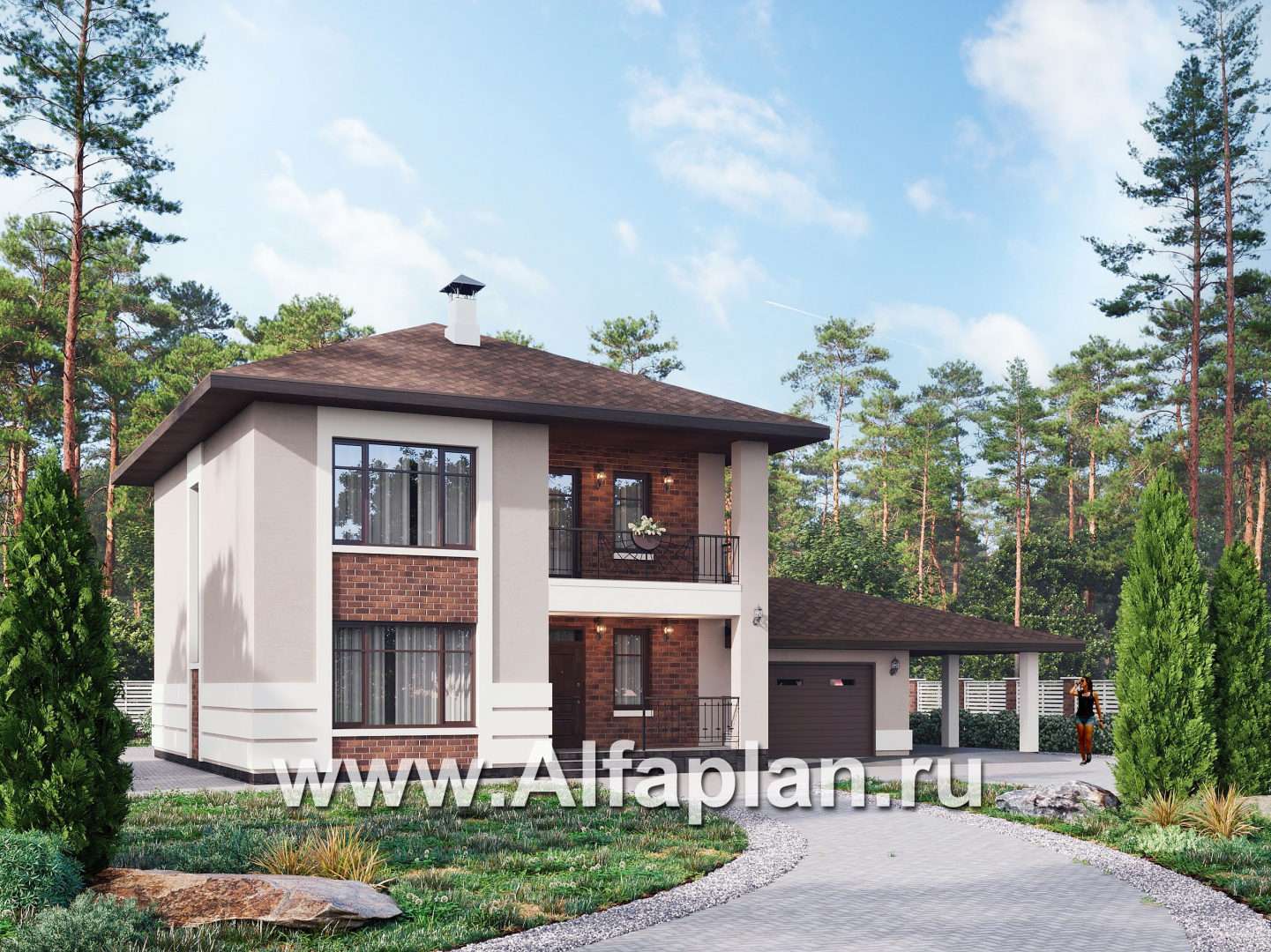 Проекты домов Альфаплан - "Ладога" - проект двухэтажного дома из газобетона, с террасой, планировка с гаражом - основное изображение