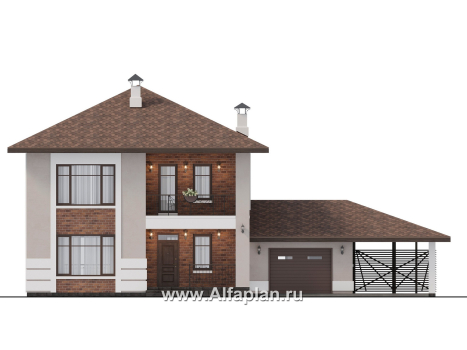 Проекты домов Альфаплан - "Ладога" - проект двухэтажного дома из газобетона, с террасой, планировка с гаражом - превью фасада №1